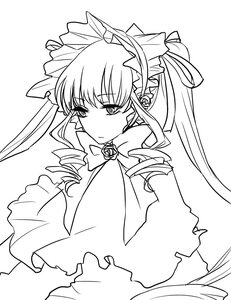 Rating: Safe Score: 0 Tags: 1girl auto_tagged closed_mouth dress drill_hair eyebrows_visible_through_hair flower greyscale image lineart long_hair looking_at_viewer monochrome rose shinku solo twin_drills twintails upper_body white_background User: admin