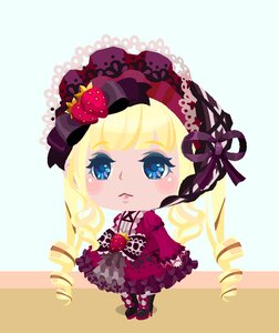 Rating: Safe Score: 0 Tags: 1girl blonde_hair blue_eyes bow chibi dress drill_hair frills image shinku solo striped striped_background striped_legwear User: admin