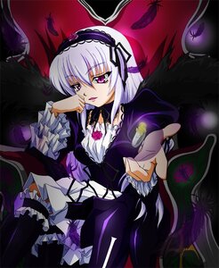 Rating: Safe Score: 0 Tags: 1girl black_wings dress flower frills hairband image long_hair long_sleeves looking_at_viewer pink_eyes silver_hair solo suigintou wings User: admin