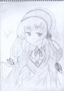 Rating: Safe Score: 0 Tags: 1girl bangs blue_theme closed_mouth eyebrows_visible_through_hair hair_ribbon hairband image long_hair long_sleeves looking_at_viewer monochrome ribbon signature sketch smile solo suigintou traditional_media upper_body User: admin
