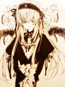 Rating: Safe Score: 0 Tags: 1girl dress eyebrows_visible_through_hair flower frills hairband image long_hair long_sleeves looking_at_viewer monochrome ribbon rose smile solo suigintou traditional_media upper_body very_long_hair wings User: admin