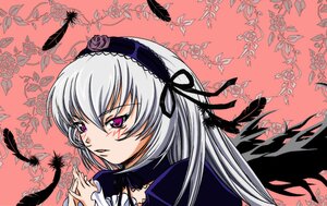 Rating: Safe Score: 0 Tags: 1girl black_ribbon black_wings blush detached_collar dress flower frills hairband image long_hair looking_at_viewer purple_eyes rose silver_hair solo suigintou wings User: admin