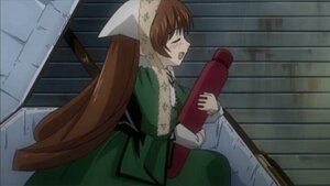 Rating: Safe Score: 0 Tags: 1girl apron blush brown_hair closed_eyes dress green_dress image long_hair long_sleeves open_mouth solo suiseiseki very_long_hair User: admin
