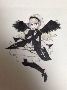 Rating: Safe Score: 0 Tags: 1girl black_wings dress feathered_wings flower frills full_body hairband image long_hair long_sleeves red_eyes solo suigintou wings User: admin