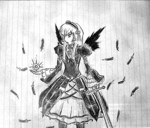 Rating: Safe Score: 0 Tags: 1girl bird dress feathered_wings feathers frills greyscale hairband image long_hair long_sleeves monochrome solo standing suigintou weapon wings User: admin