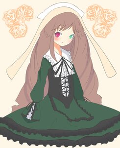Rating: Safe Score: 0 Tags: 1girl blush brown_hair dress flower frills green_dress green_eyes heterochromia image long_hair long_sleeves looking_at_viewer red_eyes ribbon rose simple_background solo suiseiseki very_long_hair yellow_background User: admin