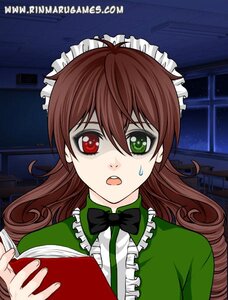 Rating: Safe Score: 0 Tags: 1girl book bow bowtie brown_hair frills green_eyes heterochromia holding image long_hair open_mouth red_eyes solo suiseiseki User: admin