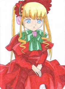 Rating: Safe Score: 0 Tags: 1girl bangs blonde_hair blue_eyes bonnet bow bowtie cowboy_shot dress green_bow green_neckwear image long_hair long_sleeves looking_at_viewer marker_(medium) red_dress shinku sidelocks simple_background solo standing traditional_media v_arms white_background User: admin