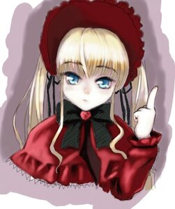 Rating: Safe Score: 0 Tags: 1girl blonde_hair blue_eyes bonnet bow bowtie dress expressionless green_bow green_neckwear image index_finger_raised long_hair long_sleeves looking_at_viewer red_dress shinku solo twintails upper_body User: admin