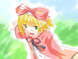 Rating: Safe Score: 0 Tags: 1girl :d blonde_hair bow day dress drill_hair green_eyes hat hina_ichigo hinaichigo image long_sleeves looking_at_viewer open_mouth outdoors pink_bow pink_dress short_hair smile solo upper_body User: admin