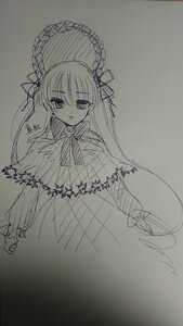 Rating: Safe Score: 0 Tags: 1girl bangs capelet closed_mouth dress eyebrows_visible_through_hair image long_hair long_sleeves looking_at_viewer monochrome ribbon shinku simple_background sketch solo traditional_media very_long_hair white_background User: admin