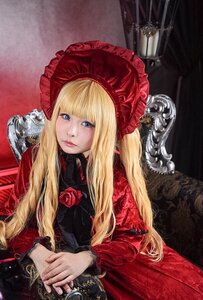 Rating: Safe Score: 0 Tags: 1girl bangs blonde_hair blue_eyes bonnet dress flower lips long_hair long_sleeves looking_at_viewer own_hands_together red_dress rose shinku solo User: admin