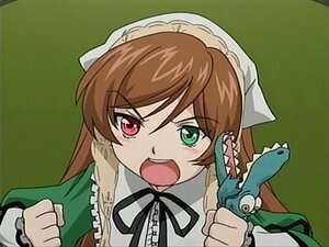 Rating: Safe Score: 0 Tags: 1girl brown_hair collar dress frills green_background green_eyes image long_hair long_sleeves open_mouth red_eyes ribbon simple_background solo suiseiseki User: admin