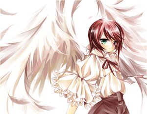 Rating: Safe Score: 0 Tags: 1girl angel_wings brown_hair dress feathered_wings frills green_eyes heterochromia image long_hair long_sleeves looking_at_viewer neck_ribbon red_eyes ribbon short_hair solo souseiseki suiseiseki very_long_hair white_background white_wings wings User: admin