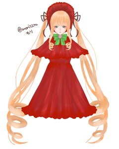 Rating: Safe Score: 0 Tags: 1girl bangs blonde_hair blue_eyes bonnet bow bowtie capelet dress flower full_body green_bow green_neckwear image long_hair long_sleeves looking_at_viewer red_dress shinku simple_background solo striped twintails very_long_hair white_background User: admin