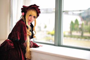 Rating: Safe Score: 0 Tags: 1girl blonde_hair blue_eyes blurry bonnet curtains depth_of_field dress lips long_hair long_sleeves looking_at_viewer photo red_dress shinku solo window User: admin