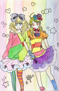 Rating: Safe Score: 0 Tags: 2girls blonde_hair blue_eyes bow dress drill_hair hat heart hinaichigo image kanaria multiple_girls pair pantyhose ringlets skirt smile star_(symbol) striped striped_legwear top_hat traditional_media twin_drills User: admin