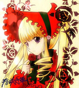 Rating: Safe Score: 0 Tags: 1girl blonde_hair bonnet bow dress drill_hair flower frills image long_hair long_sleeves looking_at_viewer red_flower red_rose rose shinku solo yellow_background User: admin