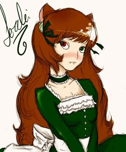 Rating: Safe Score: 0 Tags: 1girl animal_ears blush brown_hair choker dress frills green_dress heterochromia image long_hair long_sleeves red_eyes sitting solo striped suiseiseki User: admin