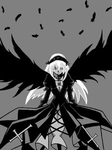 Rating: Safe Score: 0 Tags: 1girl black_wings dress feathers frills greyscale hairband image long_hair long_sleeves monochrome puffy_sleeves solo standing suigintou wings User: admin