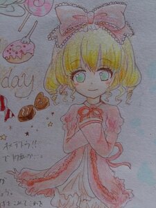 Rating: Safe Score: 0 Tags: 1girl blonde_hair bow dress eyebrows_visible_through_hair food frills green_eyes hair_bow hina_ichigo hinaichigo image long_sleeves looking_at_viewer marker_(medium) ribbon short_hair smile solo star_(symbol) traditional_media underwear watercolor_(medium) User: admin