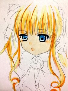 Rating: Safe Score: 0 Tags: 1girl auto_tagged bangs bare_shoulders blonde_hair blue_eyes breasts cleavage dress flower image long_hair looking_at_viewer marker_(medium) shinku simple_background solo traditional_media veil white_background User: admin