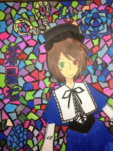 Rating: Safe Score: 0 Tags: 1girl brown_hair capelet colorful dress green_eyes hat heterochromia image red_eyes ribbon short_hair smile solo souseiseki stained_glass suiseiseki User: admin