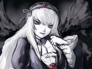 Rating: Safe Score: 0 Tags: 1girl black_wings dress feathered_wings feathers flower frilled_sleeves frills hairband image lolita_hairband long_hair long_sleeves looking_at_viewer pink_eyes red_flower red_rose rose smile solo suigintou upper_body wings User: admin