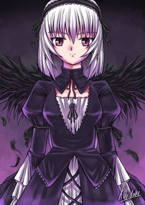 Rating: Safe Score: 0 Tags: 1girl black_ribbon black_wings cowboy_shot detached_collar dress feathers frills hairband image juliet_sleeves lolita_hairband long_sleeves looking_at_viewer pink_eyes puffy_sleeves silver_hair solo standing suigintou wings User: admin