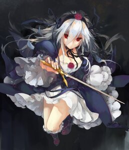 Rating: Safe Score: 0 Tags: 1girl breasts dress flower frills gothic_lolita hairband image lolita_fashion long_hair long_sleeves red_eyes rose silver_hair solo suigintou weapon white_hair User: admin