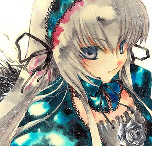 Rating: Safe Score: 0 Tags: 1girl artist_request black_ribbon black_wings blue_eyes blush closed_mouth eyebrows_visible_through_hair feathered_wings flower gothic_lolita hair_ribbon hairband image lace lolita_fashion lolita_hairband long_hair looking_at_viewer puffy_sleeves purple_eyes ribbon rose rozen_maiden silver_hair smile solo suigintou traditional_media upper_body white_flower white_rose wings User: admin