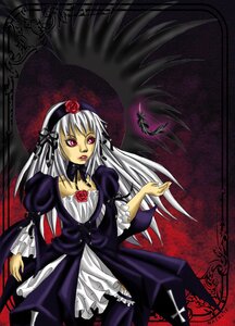 Rating: Safe Score: 0 Tags: 1girl black_wings dress flower frills hairband image long_hair long_sleeves pink_eyes rose silver_hair solo suigintou wings User: admin