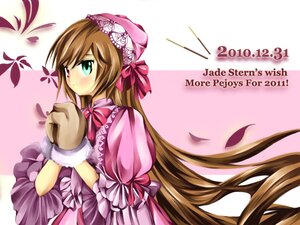 Rating: Safe Score: 0 Tags: 1girl blush bow brown_hair dress english_text frills gloves green_eyes hat heterochromia image long_hair pink_bow pink_dress red_eyes solo suiseiseki very_long_hair User: admin