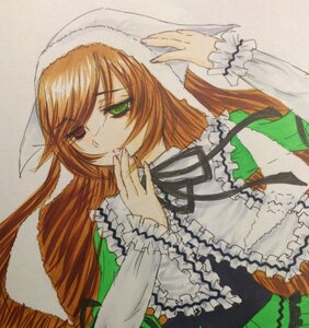 Rating: Safe Score: 0 Tags: 1girl black_ribbon brown_hair dress frills green_dress green_eyes heterochromia image long_hair long_sleeves red_eyes ribbon simple_background solo suiseiseki traditional_media very_long_hair User: admin