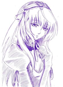 Rating: Safe Score: 0 Tags: 1girl dress flower hairband image long_hair long_sleeves looking_at_viewer monochrome purple_theme ribbon simple_background solo suigintou upper_body white_background User: admin