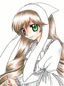 Rating: Safe Score: 0 Tags: 1girl brown_hair dress frills fur_trim green_eyes head_scarf heterochromia image long_hair long_sleeves looking_at_viewer puffy_sleeves red_eyes simple_background smile solo suiseiseki upper_body very_long_hair white_background User: admin