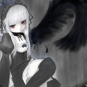 Rating: Safe Score: 0 Tags: 1girl black_wings boots detached_collar dress frills gothic_lolita hairband image lolita_fashion lolita_hairband long_hair long_sleeves looking_at_viewer rose signature sitting solo suigintou wings User: admin