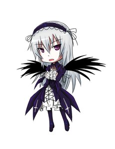 Rating: Safe Score: 0 Tags: 1girl black_wings chibi dress flower frills full_body hairband image long_hair long_sleeves looking_at_viewer purple_eyes silver_hair simple_background solo standing suigintou white_background wings User: admin