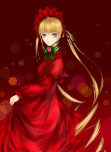 Rating: Safe Score: 0 Tags: 1girl blonde_hair blue_eyes bonnet bow capelet dress flower green_bow image long_hair long_sleeves looking_at_viewer red_dress shinku solo twintails very_long_hair User: admin