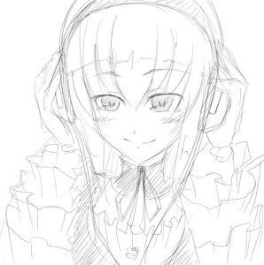 Rating: Safe Score: 0 Tags: 1girl blush closed_mouth dress eyebrows_visible_through_hair greyscale hair_ribbon image looking_at_viewer monochrome ribbon simple_background sketch smile solo suigintou upper_body white_background User: admin