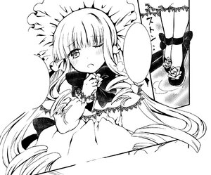 Rating: Safe Score: 0 Tags: 1boy 1girl bangs blush dress drill_hair greyscale hat image long_hair monochrome one_eye_closed shinku sidelocks solo twin_drills User: admin