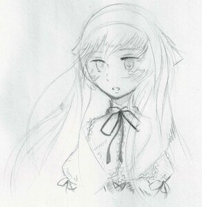 Rating: Safe Score: 0 Tags: 1girl blush greyscale image long_hair looking_at_viewer monochrome ribbon simple_background sketch solo suiseiseki traditional_media white_background User: admin