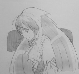 Rating: Safe Score: 0 Tags: 1girl ahoge braid frills greyscale image long_sleeves looking_at_viewer monochrome simple_background solo suiseiseki traditional_media upper_body User: admin