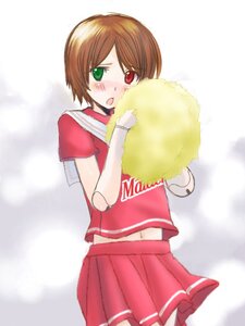 Rating: Safe Score: 0 Tags: 1boy 1girl blush brown_hair cheerleader cowboy_shot green_eyes heterochromia image looking_at_viewer navel open_mouth pleated_skirt red_eyes red_shirt red_skirt short_hair skirt solo souseiseki standing User: admin
