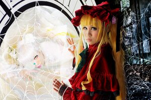 Rating: Safe Score: 0 Tags: 1girl 2girls blonde_hair blue_eyes blunt_bangs bow dress flower lips long_hair multiple_cosplay red_dress rose shinku solo tagme twintails User: admin