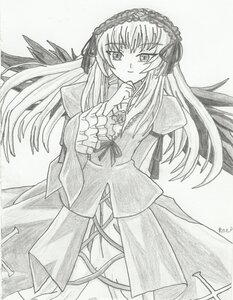 Rating: Safe Score: 0 Tags: 1girl dress flower frills greyscale hairband image long_hair long_sleeves looking_at_viewer monochrome rose signature simple_background smile solo suigintou traditional_media very_long_hair wings User: admin