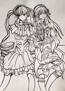 Rating: Safe Score: 0 Tags: 2girls bow dress frills greyscale hairband holding_hands image long_hair long_sleeves looking_at_viewer monochrome multiple_girls pair shinku simple_background standing suigintou twintails very_long_hair User: admin