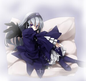 Rating: Safe Score: 0 Tags: 1girl black_wings boots commentary_request dress frills full_body hairband image kaisen_chuui long_hair long_sleeves looking_at_viewer photoshop_(medium) purple_eyes ribbon rozen_maiden silver_hair sitting solo suigintou wings User: admin