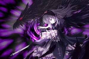 Rating: Safe Score: 0 Tags: 1girl black_wings dress feathers frills hairband image long_hair long_sleeves ribbon silver_hair solo suigintou wings User: admin