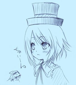 Rating: Safe Score: 0 Tags: 1girl :< blue_background blue_theme blush closed_mouth eyebrows_visible_through_hair hat image looking_at_viewer monochrome short_hair simple_background sketch solo souseiseki User: admin